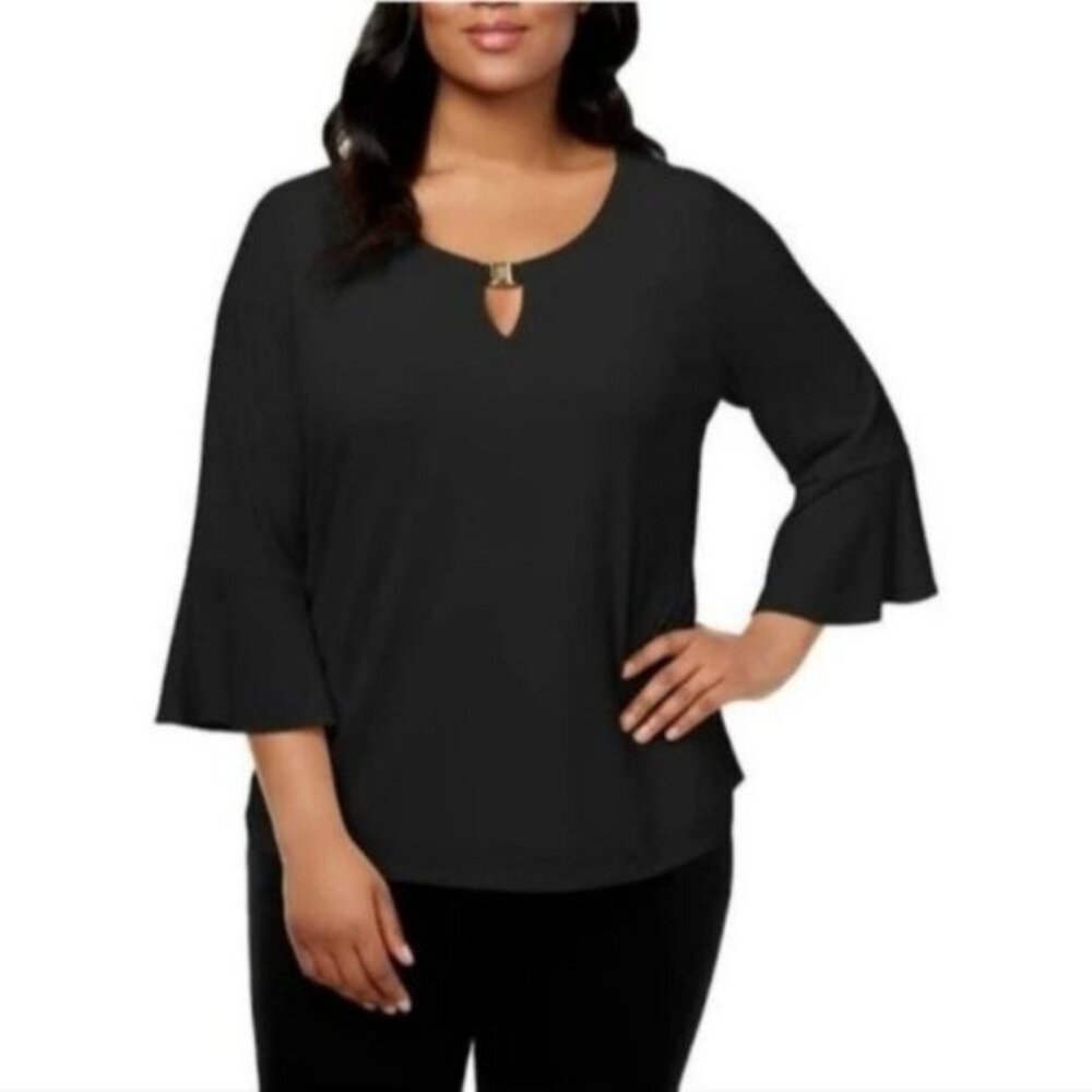 Calvin Klein Bell Sleeve Gold Bar Keyhole Top,Size XS
